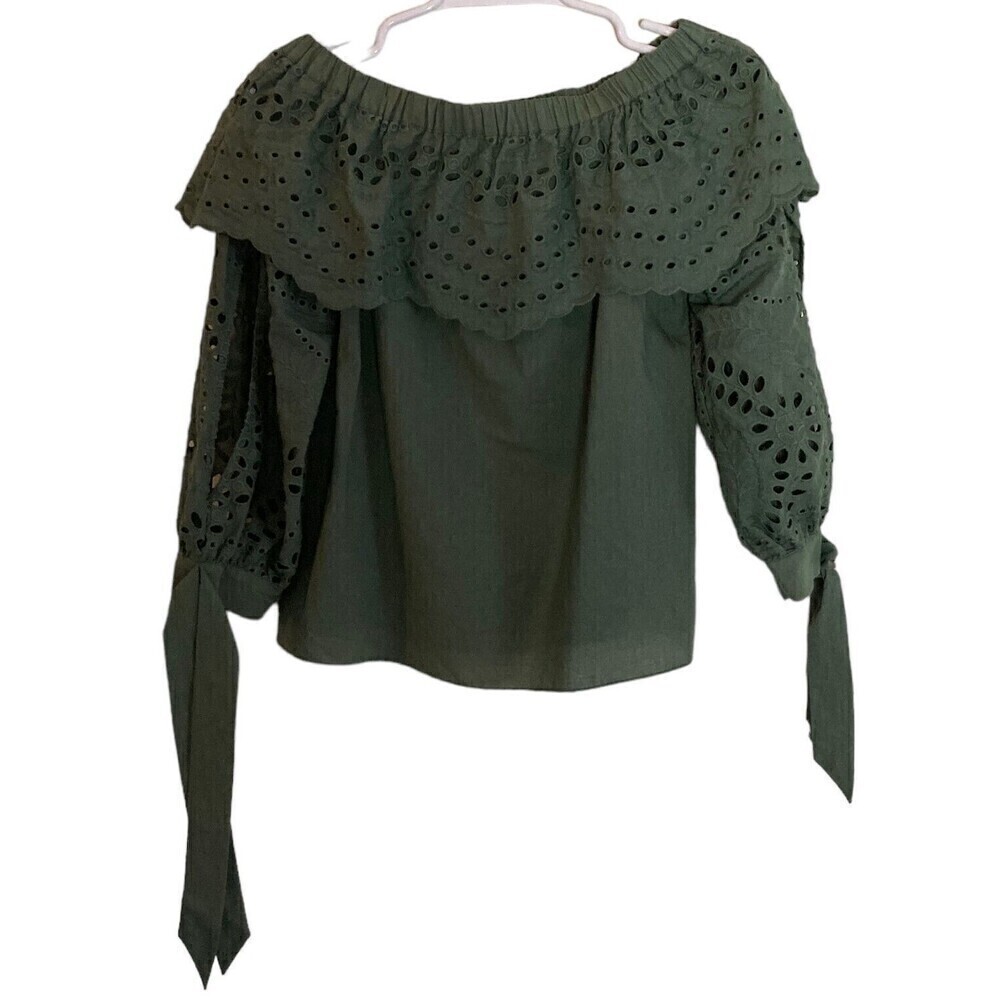 Parker Mandy Women's Size S Blouse Off the Shoulder Blouse Green Cotton